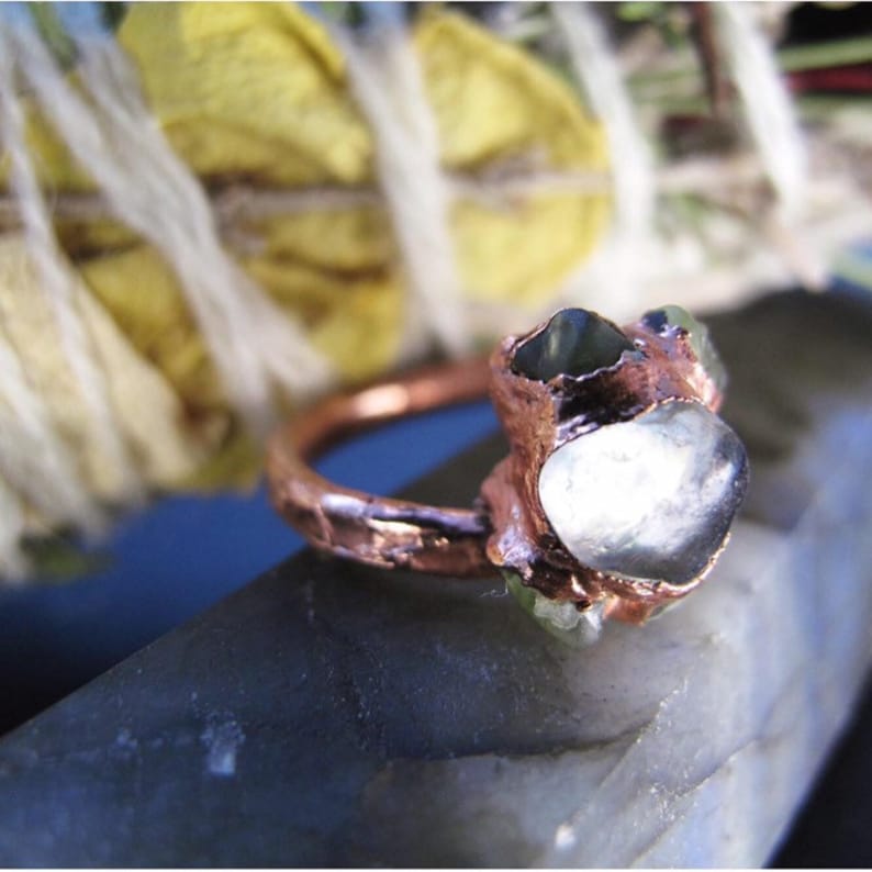 Moonstone Peridot Electroplated Copper Ring