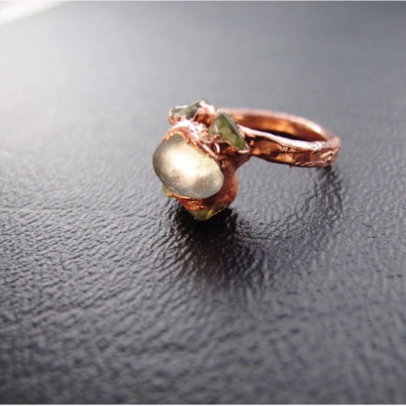 Moonstone Peridot Electroplated Copper Ring