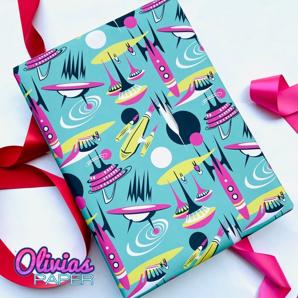 UFO + SPACE WRAP | Science Stationery Astronomy Gift Wrapping Paper Paperie | Christmas Birthday 19x27" Sheets | Teachers Student Aliens