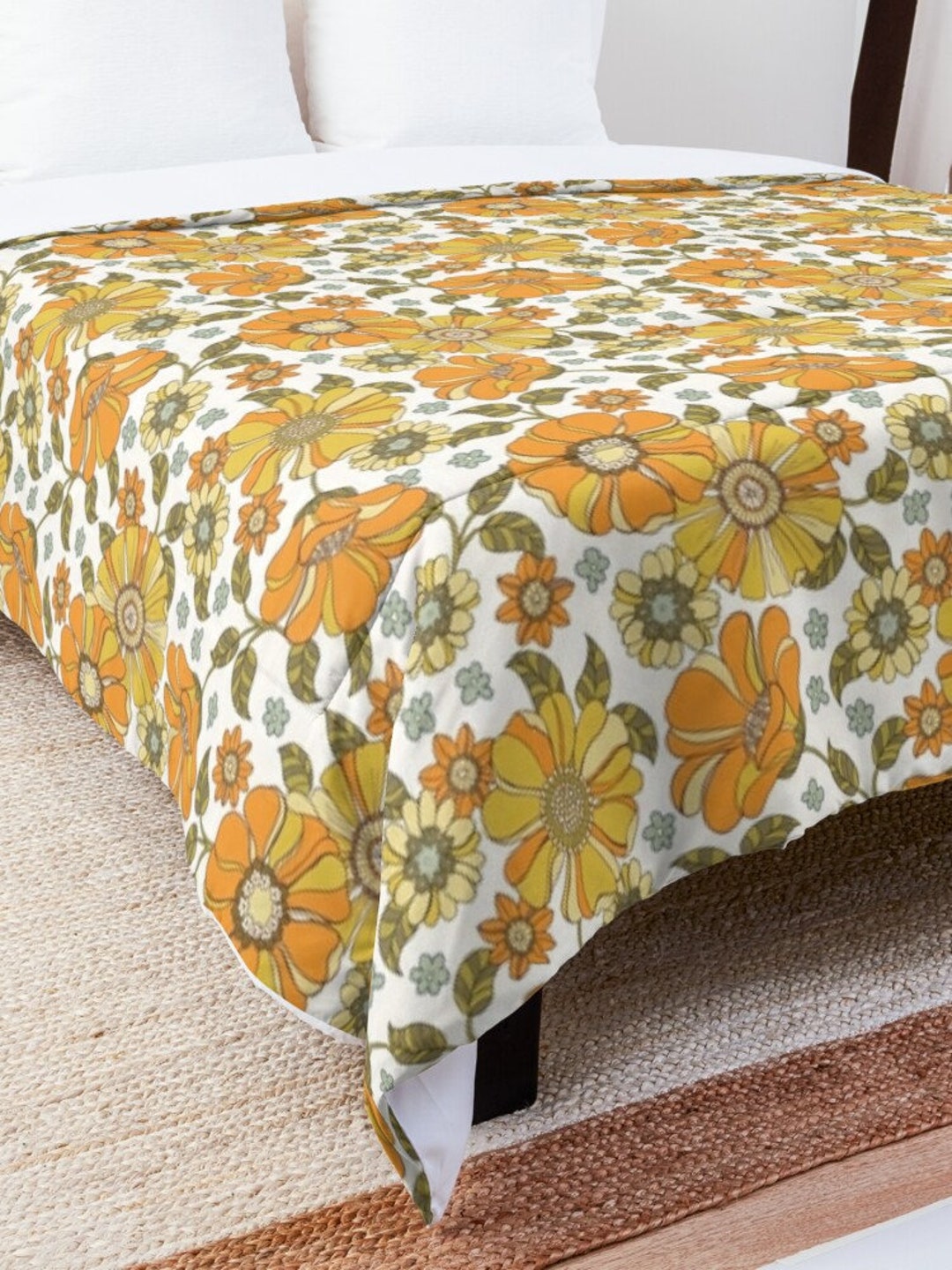 70s Retro Mod Yellow Daisies Comforter Bedroom Bedspread Linens Home Decor Living Botanical