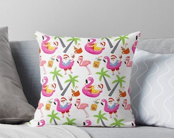 FLAMINGO SANTA Tropical Christmas Throw Accent Pillow - Home Decor + Living Beach Ocean