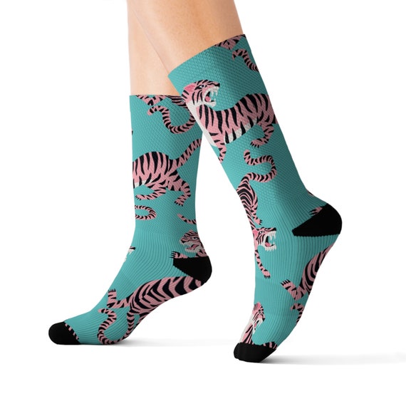 Retro Asian Tiger Socks Cotton Candy Colors Pop Art Style 
