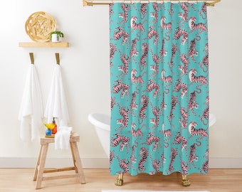 Retro Oriental Tiger Candy Printed Shower Curtain - Vintage 70s Blue and Pink Cat Pattern