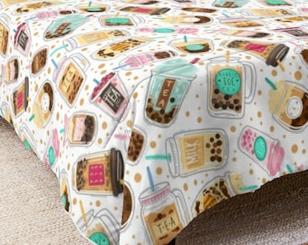 BOBA BUBBLE TEA Comforter - Fine Linens Kawaii Asian Food Pattern Bedspread Cover Sheets