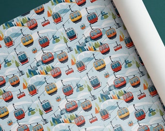May include: A repeating pattern of colorful cable cars traveling up a snowy mountainside. The cable cars are red, yellow, and white. The background is a light blue with white snow and green trees.