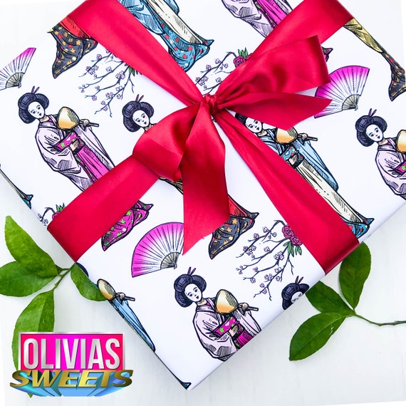 GEISHA WRAPPING PAPER Thick Wrapping Gift Wrap Japanese Cultural Fans Lotus  Sakura Cherry Blossom Christmas Birthday 19x27 