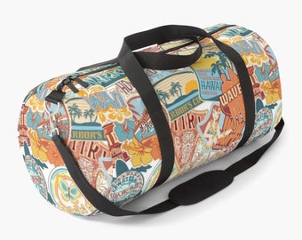 Hawaiian Travel Stickers Duffle Bag - Travel Gym Luggage Tote - Nautical Ocean and Coastal Themed Beach Surf Aloha