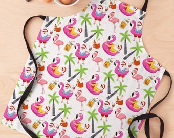 FLAMINGO SANTA Christmas Tropical Kitchen Apron - Beautiful Pink For Holiday Baking