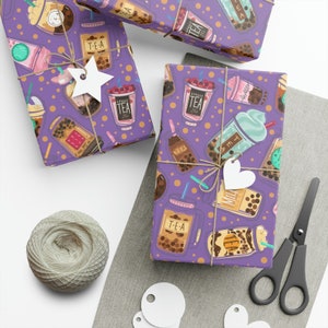 Rollos de papel para envolver regalos con temática de té de burbujas Taro Boba - 28 &quot;x 79&quot;