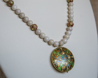 River stone and cloisonné necklace