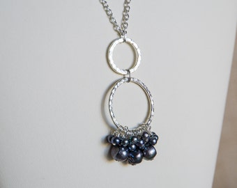 Peacock gray freshwater pearl pendant on silver colored beaded chain necklace