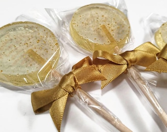 Golden Lollipops with edible gold glitter and satin bows