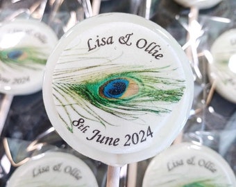 Personalised Wedding Favour Lollipops, Peacock Feather Wedding Theme, Custom Place Settings