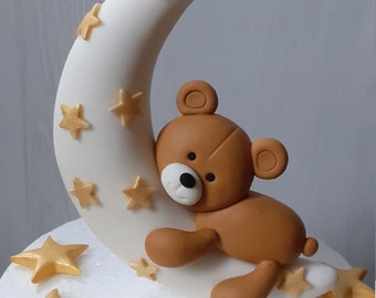 Teddy bear on the Moon girl baby fondant gum paste cake topper