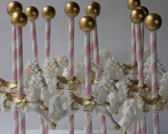Fondant gum paste carousel horse vintage cupcake birthday cake party sugar decorations, 6 horses