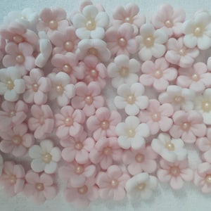 Può includere: Una collezione di decorazioni di fiori di zucchero rosa e bianchi. I fiori hanno un design a cinque petali e un centro di perla.
