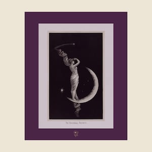 May include: A black and white art print titled The Universal Favorite, featuring a figure draped in flowing fabric standing on a crescent moon against a dark starry sky. The print is set within a white border and a deep purple mat with a small flower icon.