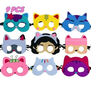 9PCS PartyPack Cat Dollhouse Felt Masks, Birthday Party Favors,Kids Birthday Theme Favor Party Supplies Decoration Idea Gift Costume