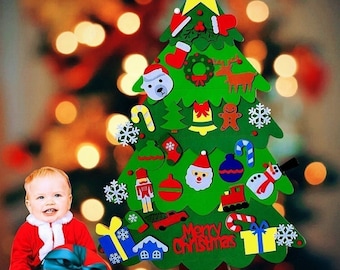 NEW Design!40Inches Felt Christmas Tree with 32PCS Handmade Ornaments,Kids best Xmas Gifts Crafts,DIY Home Wall Door window Xmas Decoration