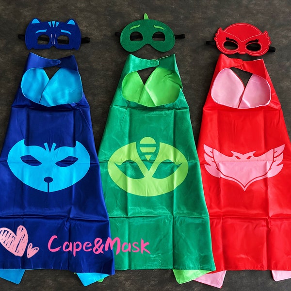 Ready to Ship!PJ Hero inspired cape and mask set, PJ masks inspired birthday party favors,Gekko,Catboy,Owlette Costume,superhero capes Gift