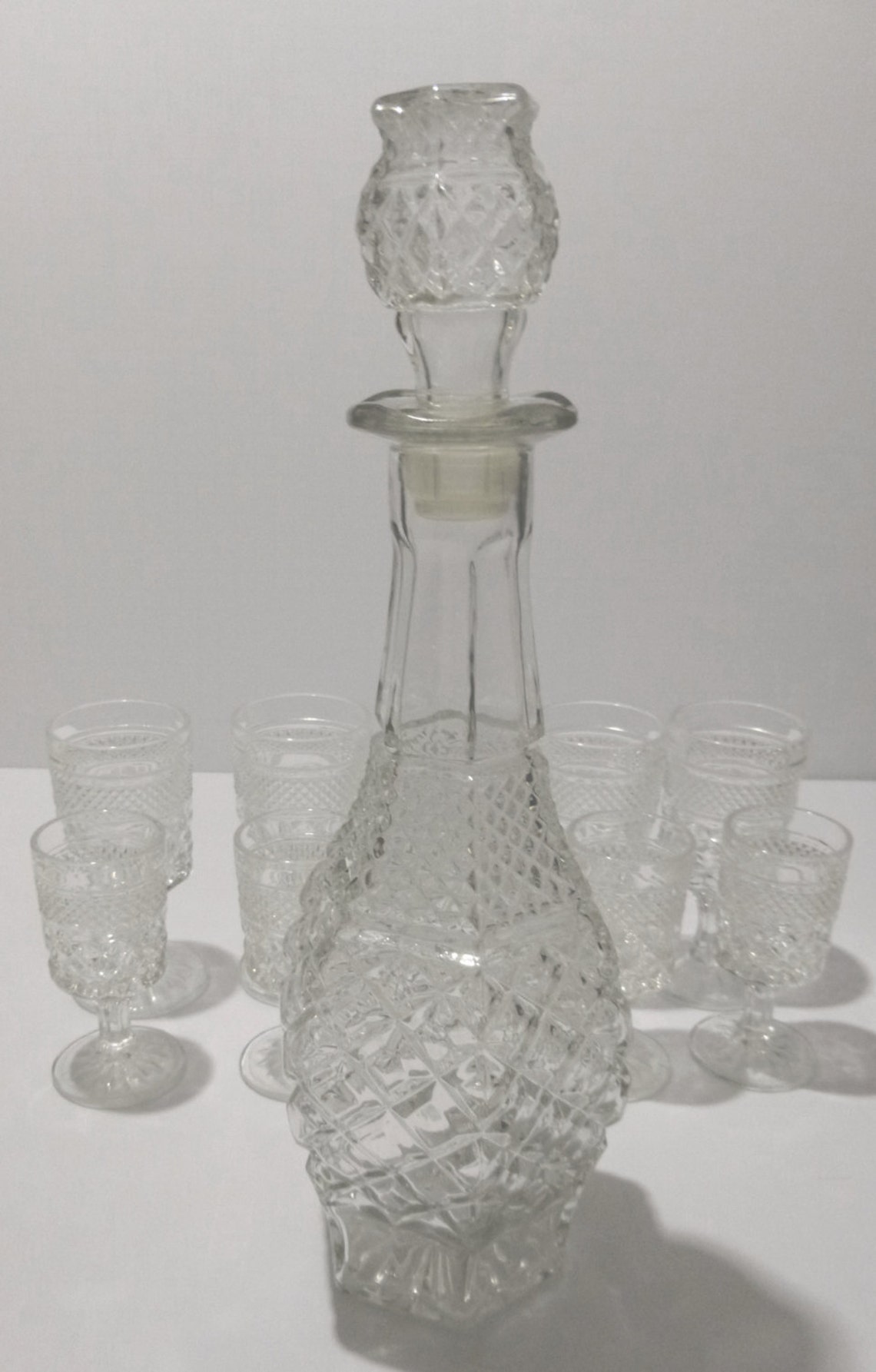 Vintage Diamond Cut Bar Set Decanter With 5 4oz Goblets 5 Etsy