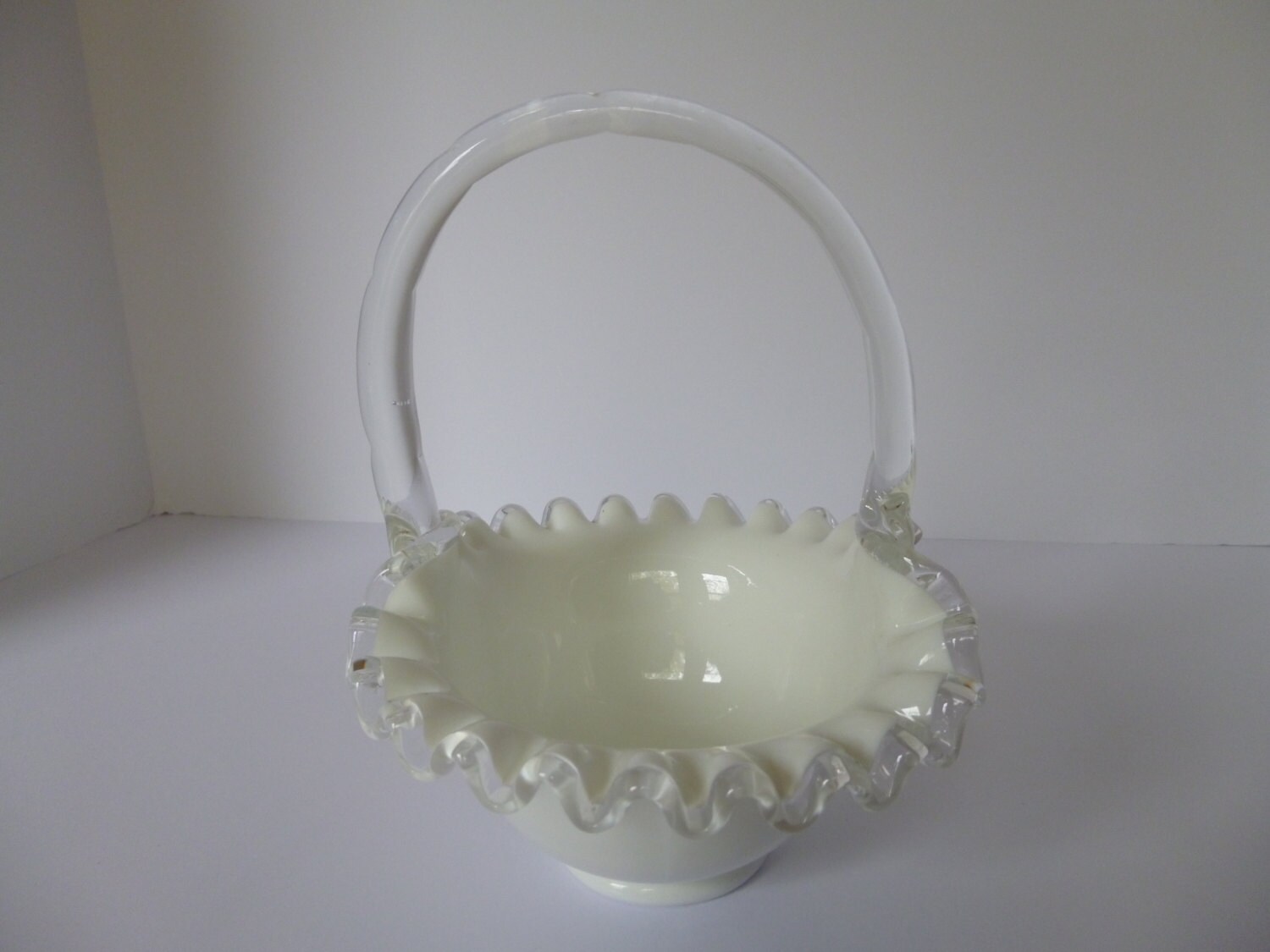 Vintage Fenton Small Silver Crest White Glass Basket With Etsy