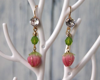 Earrings with "bunch of grapes" glass rhinestone, 10 x 25 mm gold 18 carat