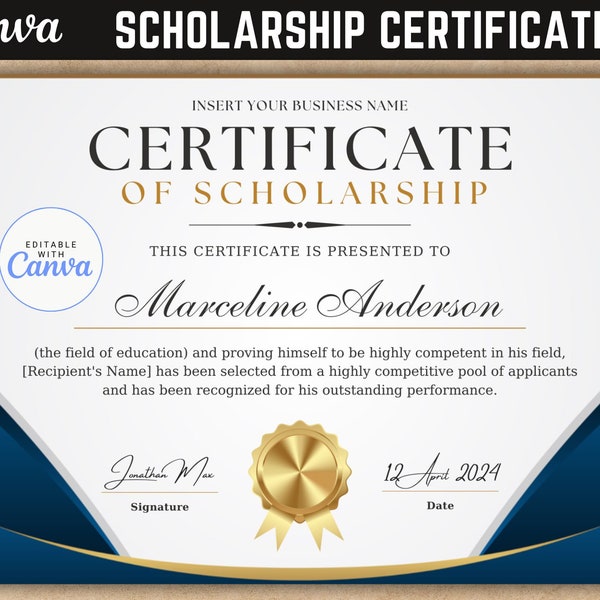 Scholarship Certificate Template Etsy Scholarship Certificate Template Etsy