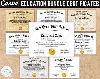 8 Educational Certificates, GED Diploma, Homeschool Diploma, Canva Template, University Diploma, College Diploma, School Equivalency Diploma