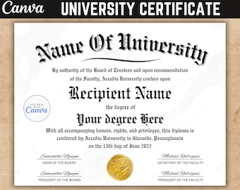 University Diploma, Canva Template, Graduation Diploma, College Diploma, College Diploma, Gold seal, Printable Certificate with Seal