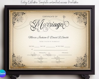 Editable Modern Marriage Certificate Editable Canva Template, Printable Certificate of Marriage Keepsake/ Wedding Gift for Couples, gifts