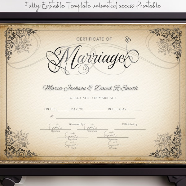 Editable Modern Marriage Certificate Editable Canva Template, Printable Certificate of Marriage Keepsake/ Wedding Gift for Couples, gifts