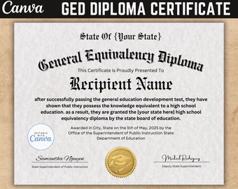 GED Diploma Certificate with seal, Canva Template, Certificate Graduation Diploma, Diploma Certificate, School Equivalency Diploma.