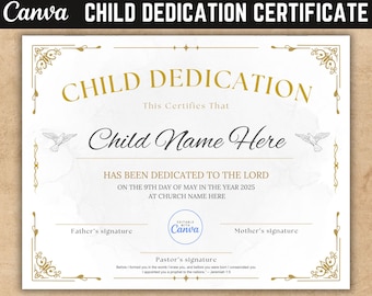 Child Dedication Certificate, Canva Baby Dedication Template, Baptism Certificate, Editable Baptism Certificate, Floral Dedication