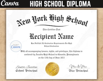 High School Diploma with Seal, Canva Template, Graduation Diploma, Diploma Certificate, School Equivalency Diploma, Gold seal
