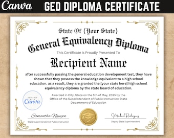 GED Diploma Certificate with Gold seal, Canva Template, Graduation Diploma, Diploma Certificate, School Equivalency Diploma.