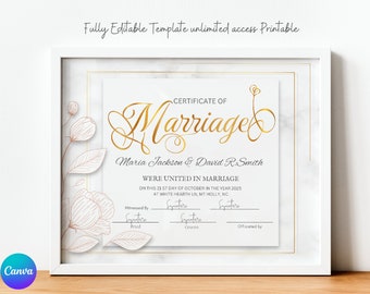 Certificate of Marriage Keepsake, Editable Modern Marriage Certificate Editable Canva Template, Printable Wedding Gift for Couples,download