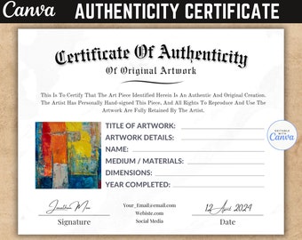 Certificate of Authenticity for Artwork, Canva Template, Artist Certificate, Artwork Templates, Authentication Certificate.