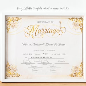 Editable Modern Marriage Certificate Editable Canva Template, Printable Certificate of Marriage Keepsake, Wedding Gift for Couples image 1