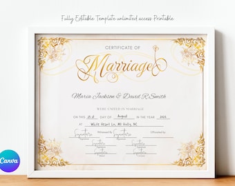 Editable Modern Marriage Certificate Editable Canva Template, Printable Certificate of Marriage Keepsake, Wedding Gift for Couples