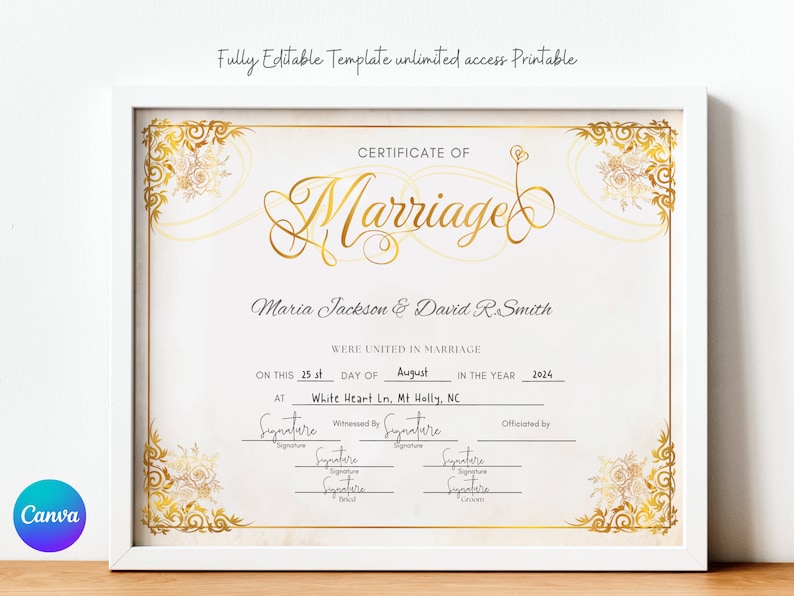 Editable Modern Marriage Certificate Editable Canva Template, Printable Certificate of Marriage Keepsake, Wedding Gift for Couples image 1