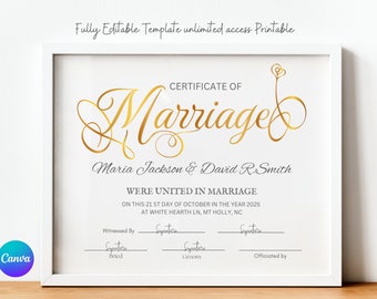 Editable Modern Marriage Certificate Editable Canva Template, Printable Certificate of Marriage Keepsake, Wedding Gift for Couples