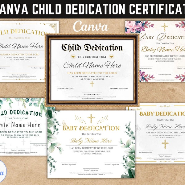 6 Baby Dedication Certificates, Canva Child Dedication Template,Baptism Certificate,Editable Baptism Certificate,Baby Dedication Certificate