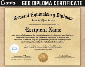 Editable GED Diploma Certificate, Canva Template, Graduation Diploma, Diploma Certificate, School Equivalency Diploma, Gold seal