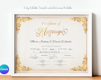 Editable Modern Marriage Certificate Editable Canva Template, Printable Certificate of Marriage Keepsake, Wedding Gift for Couples