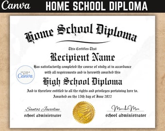 Home School Diploma with Seal, Canva Template, Graduation Diploma, Diploma Certificate, School Equivalency Diploma, Gold seal