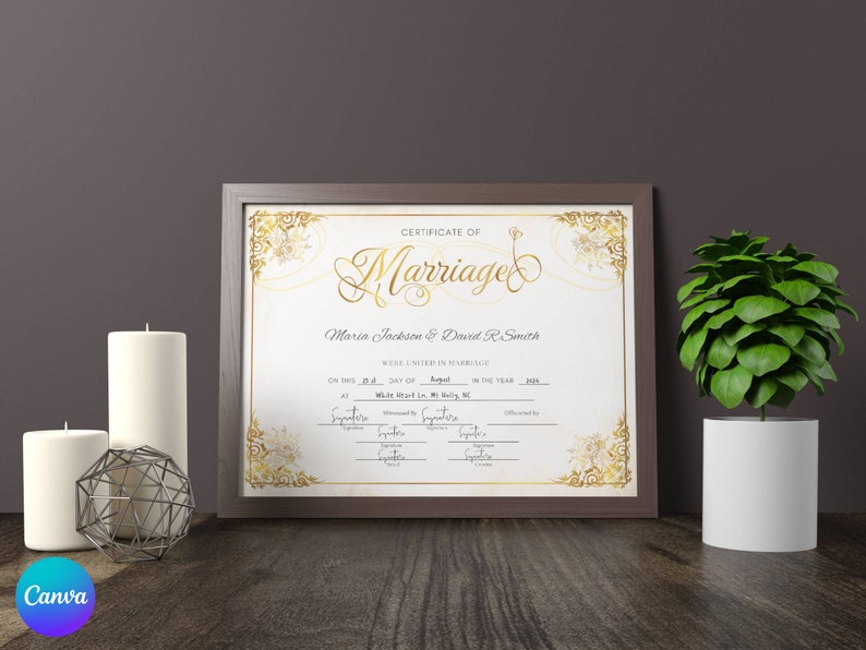 Editable Modern Marriage Certificate Editable Canva Template, Printable Certificate of Marriage Keepsake, Wedding Gift for Couples image 7