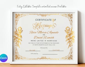 Editable Modern Marriage Certificate Editable Canva Template, Printable Certificate of Marriage Keepsake/ Wedding Gift for Couples, gift