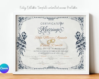 Editable Modern Marriage Certificate Editable Canva Template, Printable Certificate of Marriage Keepsake/ Wedding Gift for Couples/ Download