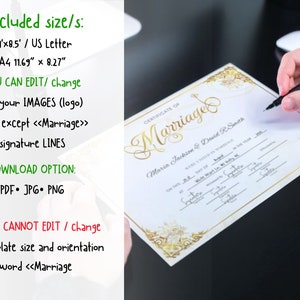 Editable Modern Marriage Certificate Editable Canva Template, Printable Certificate of Marriage Keepsake, Wedding Gift for Couples image 2